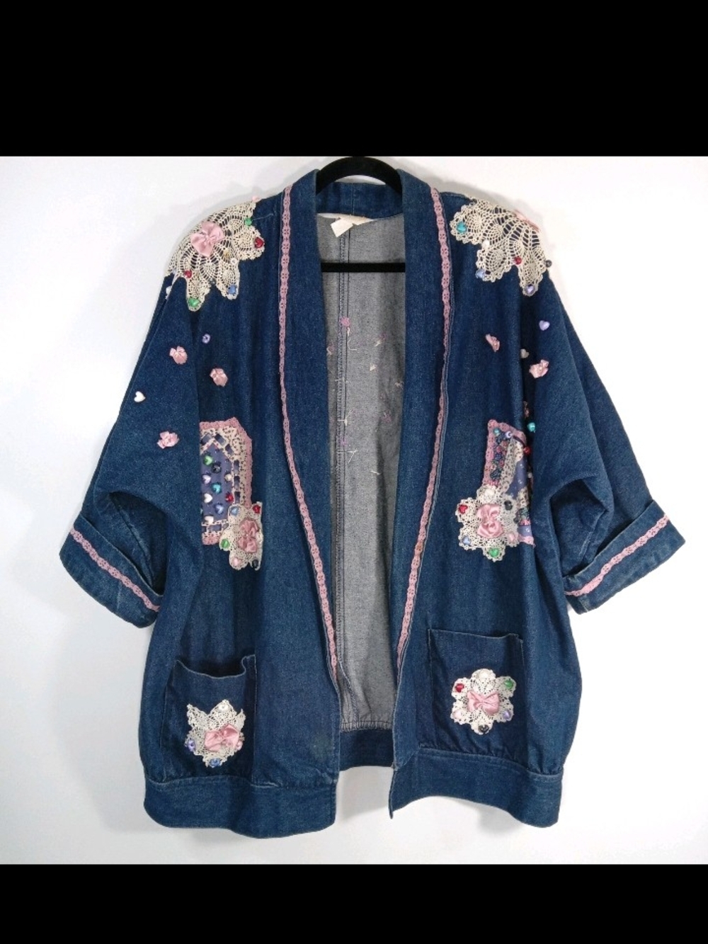Vtg Jaylan Of California Hand Beaded Blue Denim Open-Front Shirt Jacket Women XL